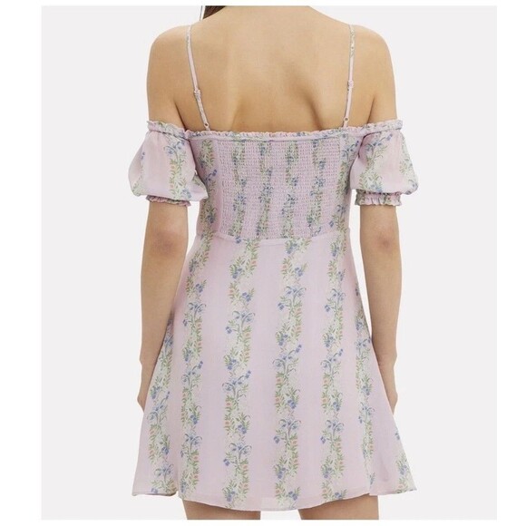 INTERMIX Mini Dress Womens Size 2 Purple Floral Off the Shoulder Smocked Girly - Picture 2 of 15